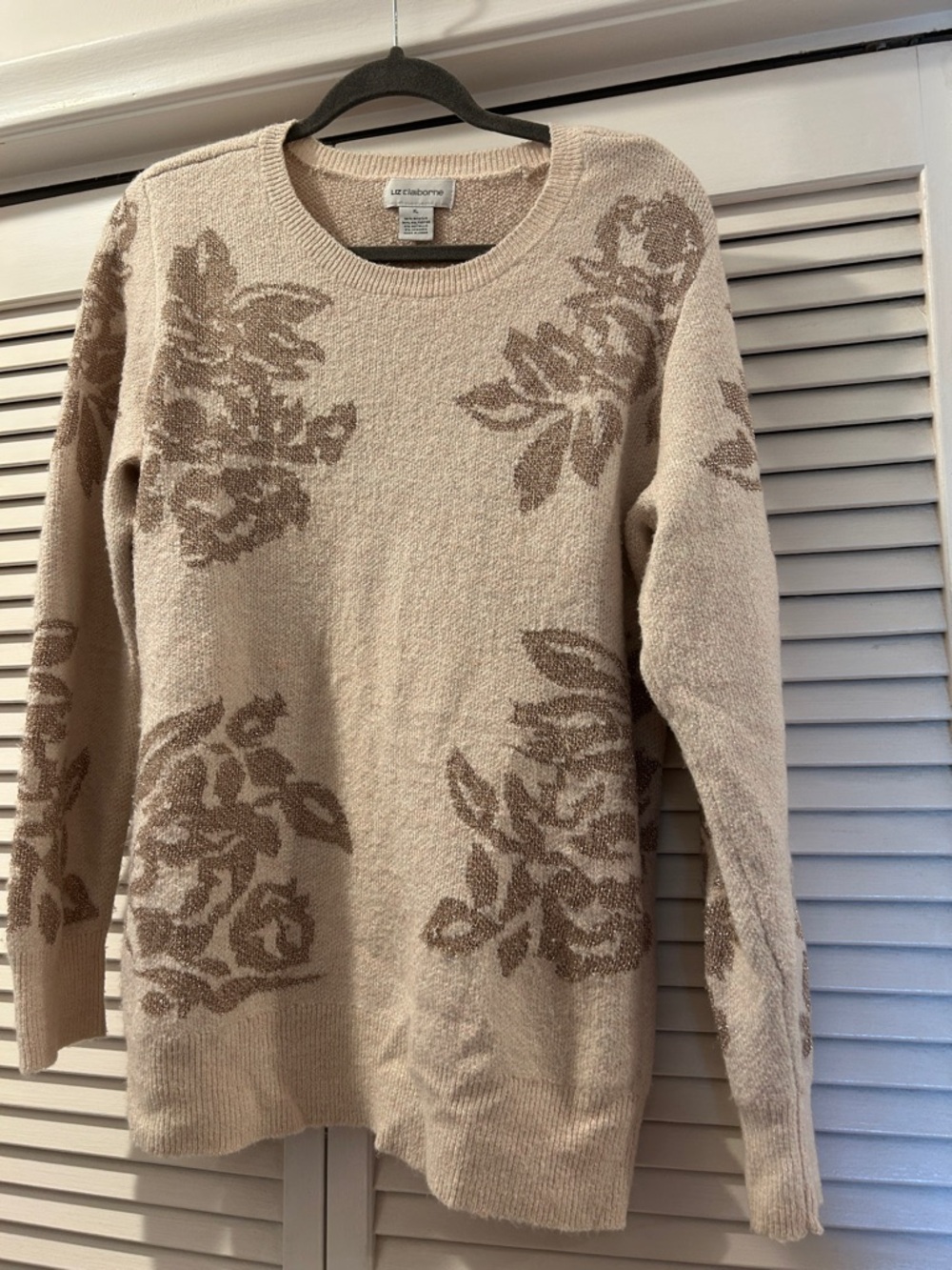 Liz Claiborne Beige and Brown Floral Crewneck Sweater